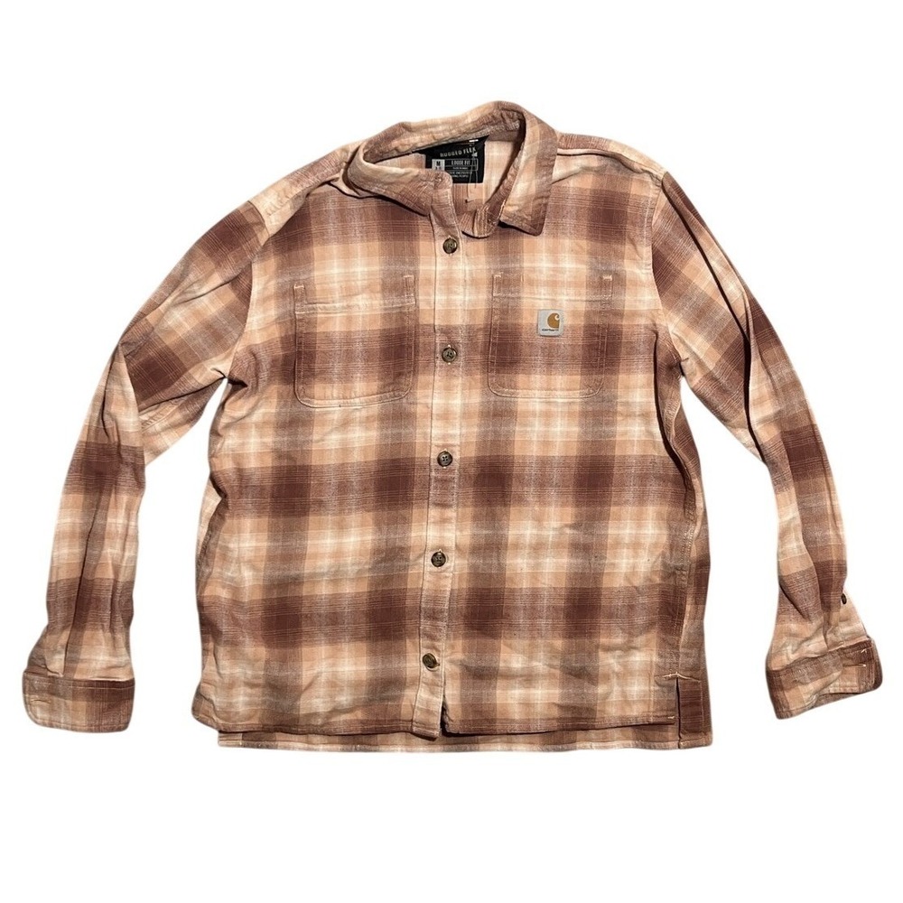 Carhartt Women's M (8-10) Loose Fit Flannel Plaid‎ Button Up Shirt Brown Tan